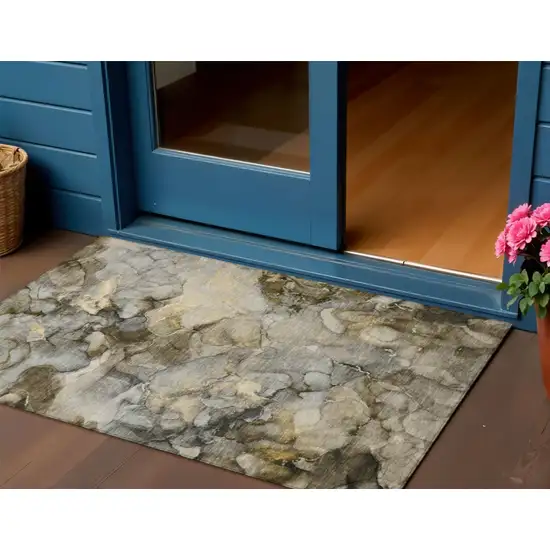 Pewter And Gold Abstract Washable Indoor Outdoor Area Rug Photo 2