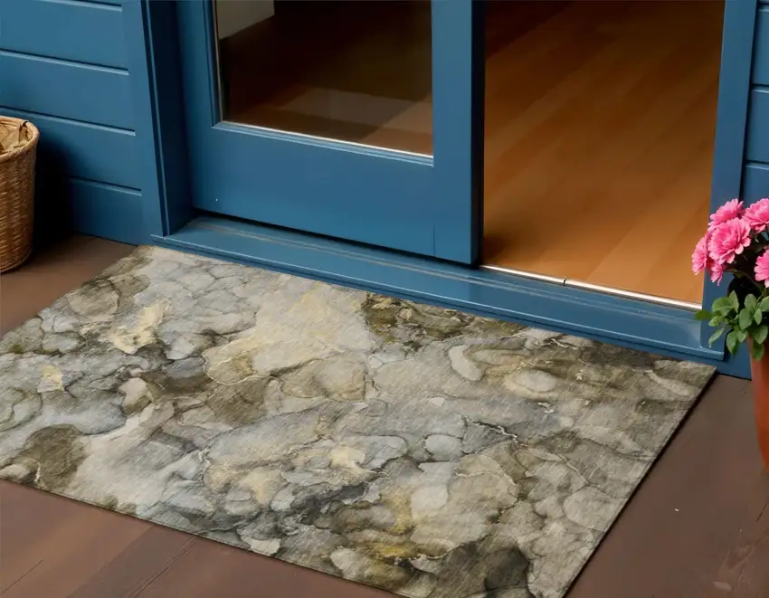 Pewter And Gold Abstract Washable Indoor Outdoor Area Rug Photo 2