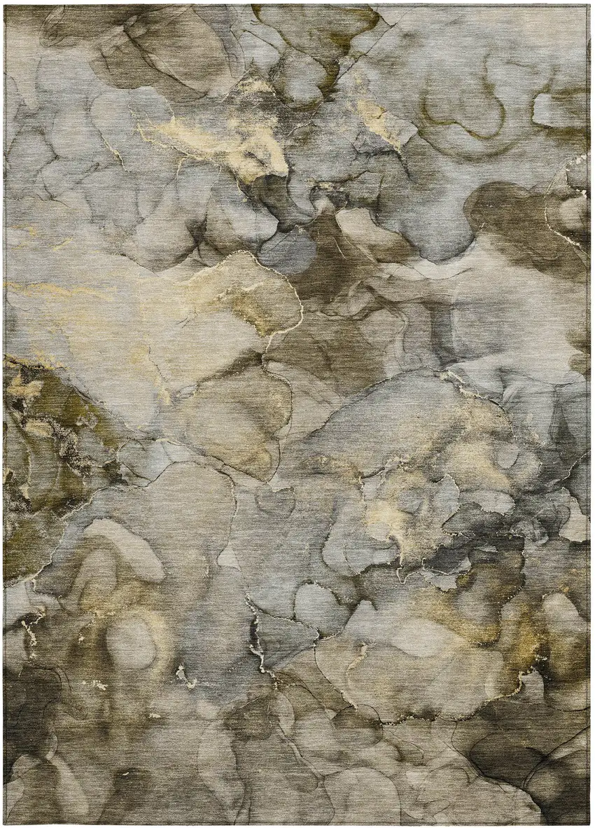 Pewter And Gold Abstract Washable Indoor Outdoor Area Rug Photo 1