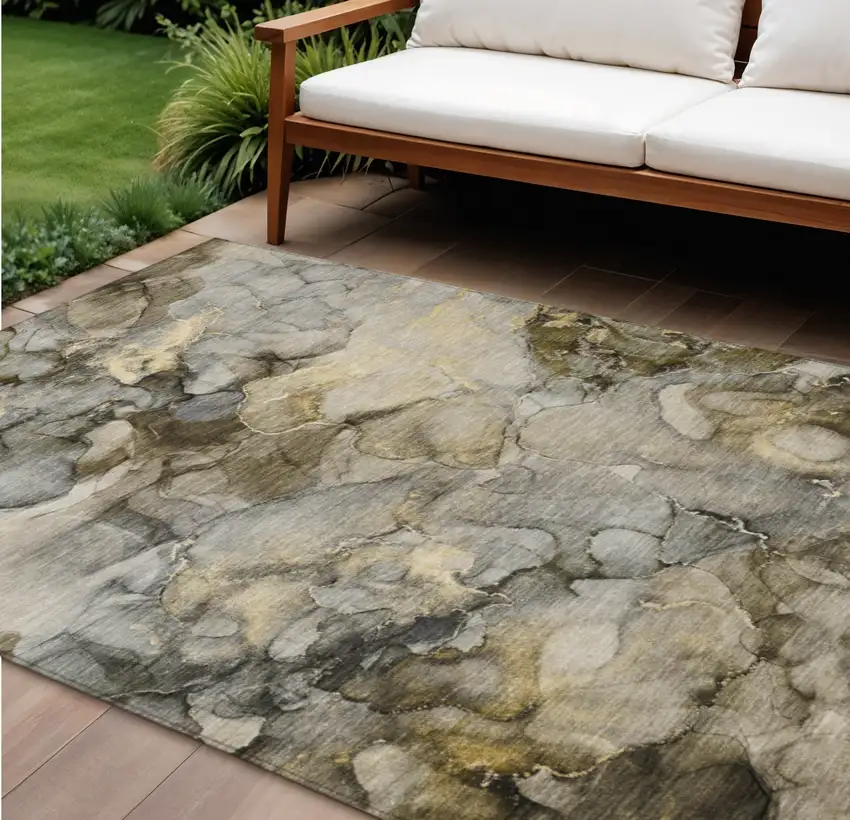 Pewter And Gold Abstract Washable Indoor Outdoor Area Rug Photo 2