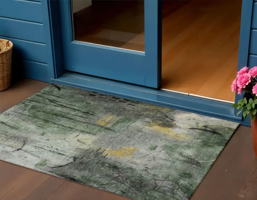 Pewter And Gold Abstract Washable Indoor Outdoor Area Rug Photo 2