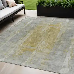 Photo of Pewter And Gold Abstract Washable Indoor Outdoor Area Rug