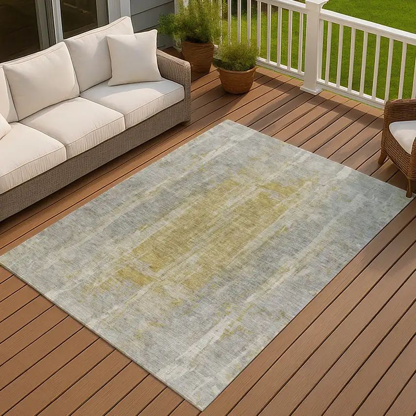 Pewter And Gold Abstract Washable Indoor Outdoor Area Rug Photo 7