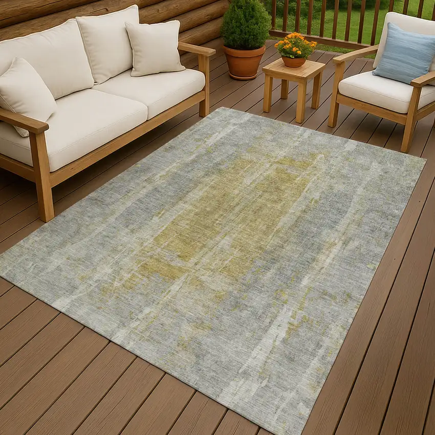 Pewter And Gold Abstract Washable Indoor Outdoor Area Rug Photo 9