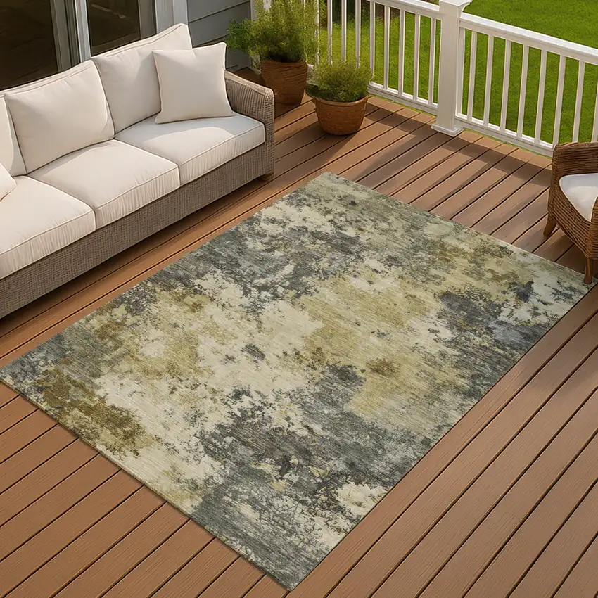 Pewter And Gold Abstract Washable Indoor Outdoor Area Rug Photo 2