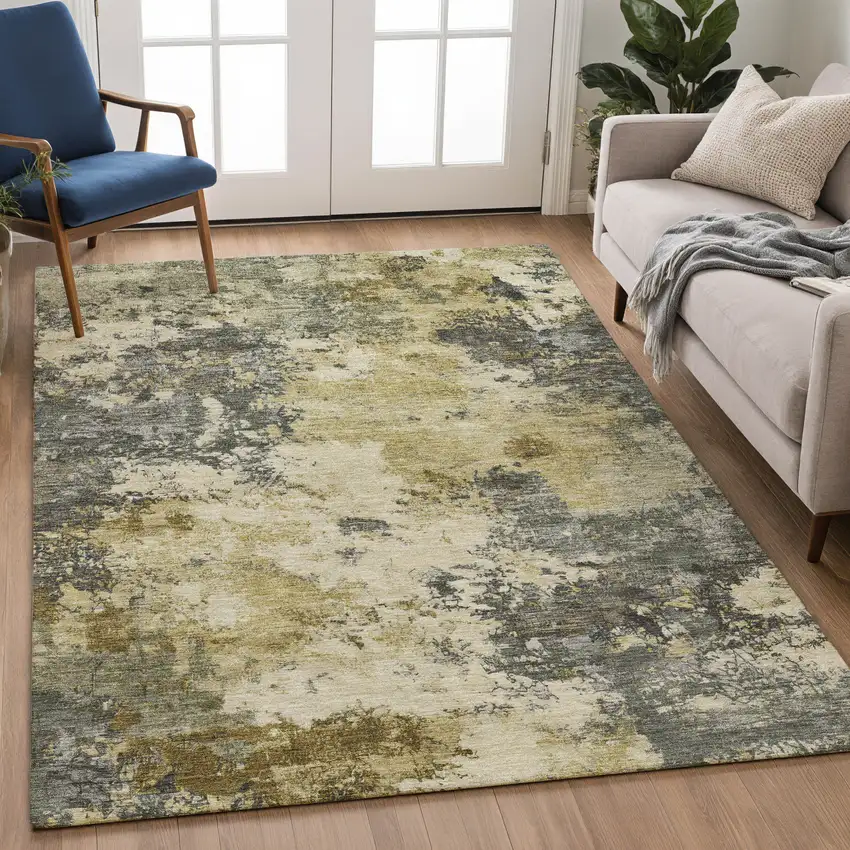 Pewter And Gold Abstract Washable Indoor Outdoor Area Rug Photo 4