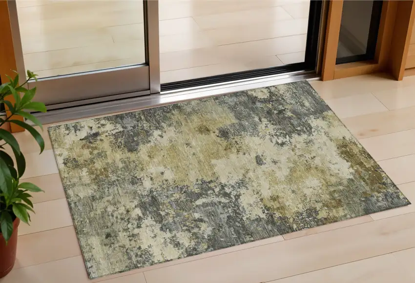 Pewter And Gold Abstract Washable Indoor Outdoor Area Rug Photo 1