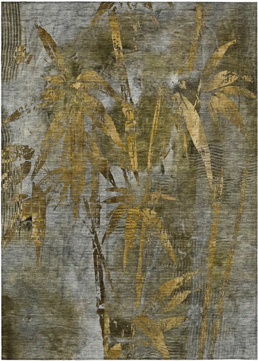 Pewter And Gold Botanical Leaves Washable Indoor Outdoor Area Rug Photo 2