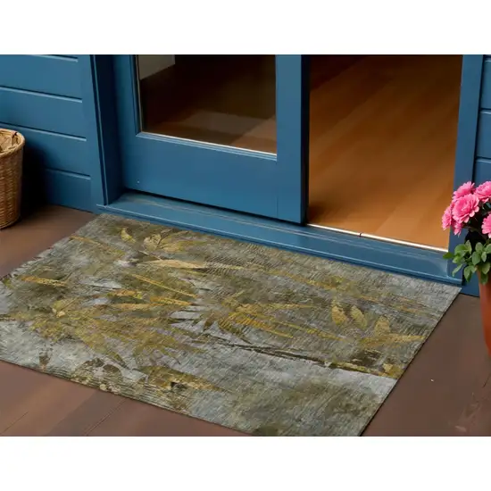 Pewter And Gold Botanical Leaves Washable Indoor Outdoor Area Rug Photo 1
