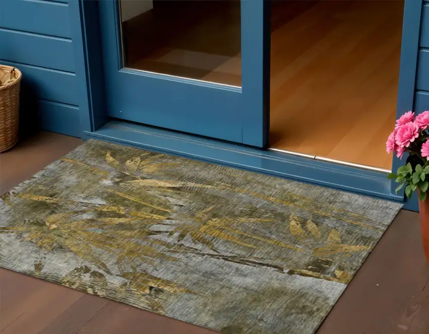 Pewter And Gold Botanical Leaves Washable Indoor Outdoor Area Rug Photo 1