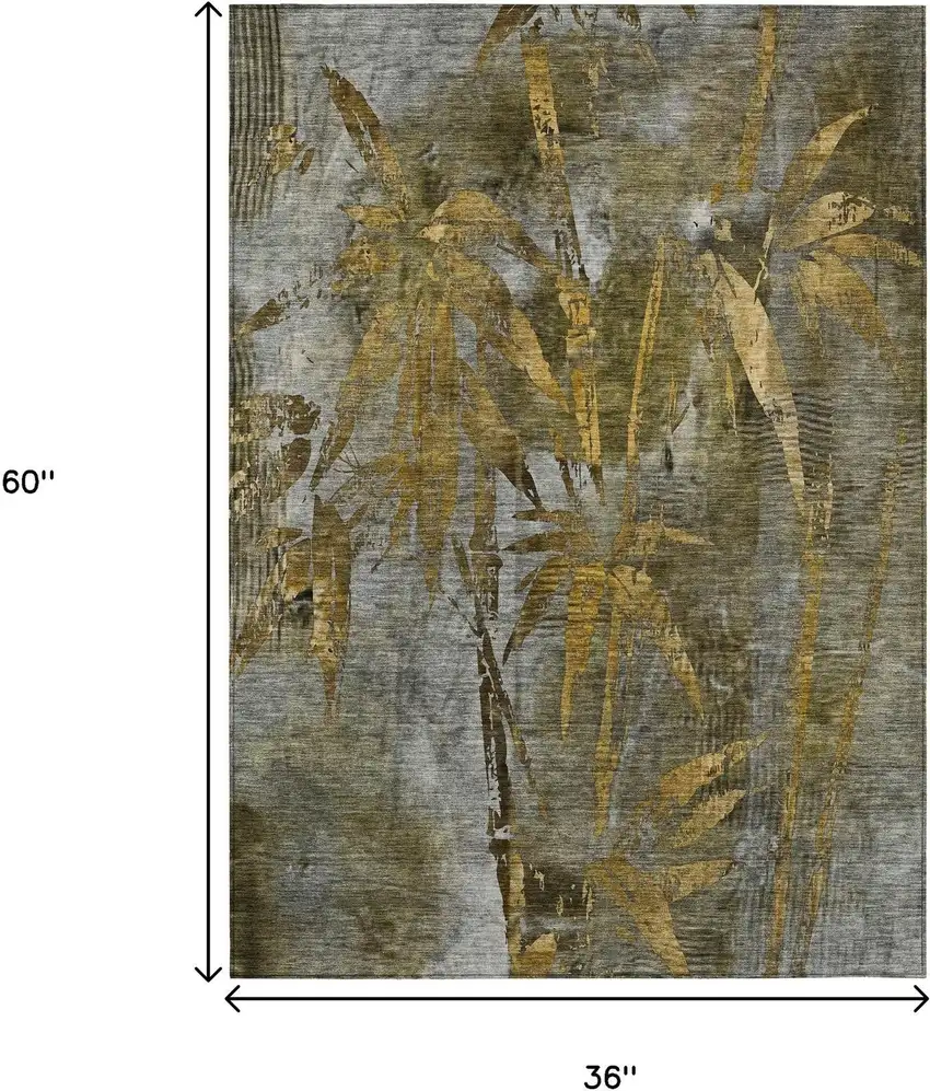Pewter And Gold Botanical Leaves Washable Indoor Outdoor Area Rug Photo 3