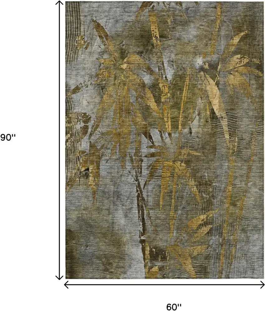 Pewter And Gold Botanical Leaves Washable Indoor Outdoor Area Rug Photo 3
