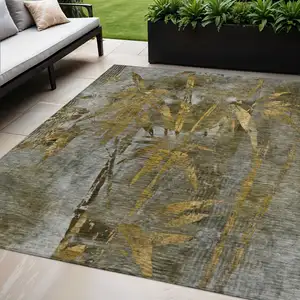 Photo of Pewter And Gold Botanical Leaves Washable Indoor Outdoor Area Rug