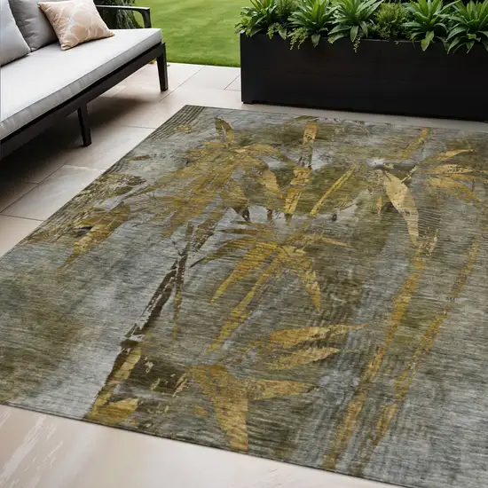 Pewter And Gold Botanical Leaves Washable Indoor Outdoor Area Rug Photo 1