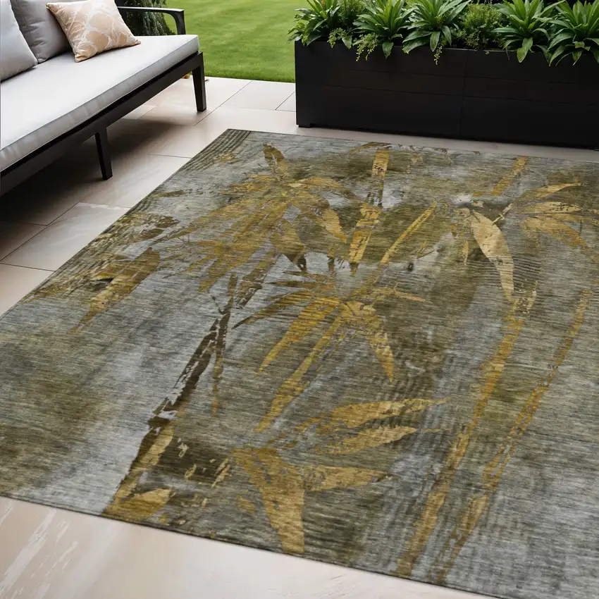 Pewter And Gold Botanical Leaves Washable Indoor Outdoor Area Rug Photo 1
