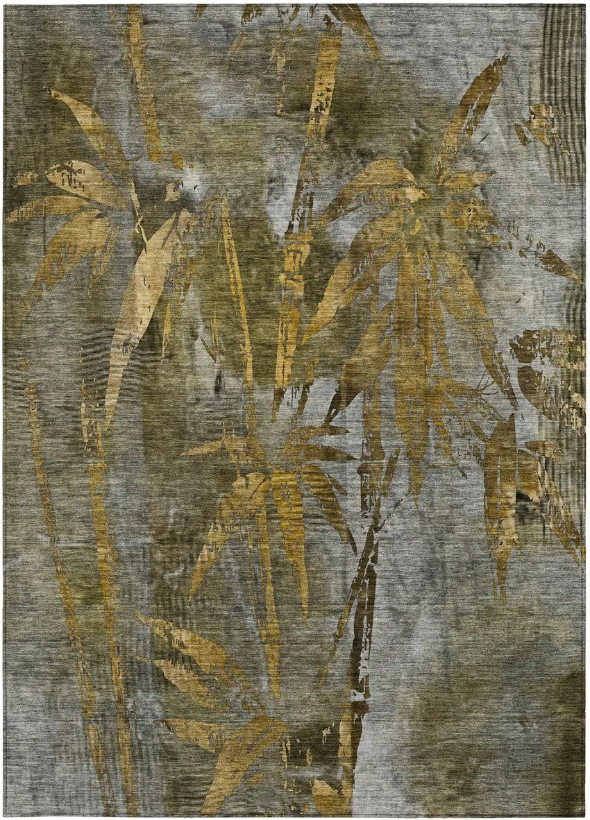 Pewter And Gold Botanical Leaves Washable Indoor Outdoor Area Rug Photo 4