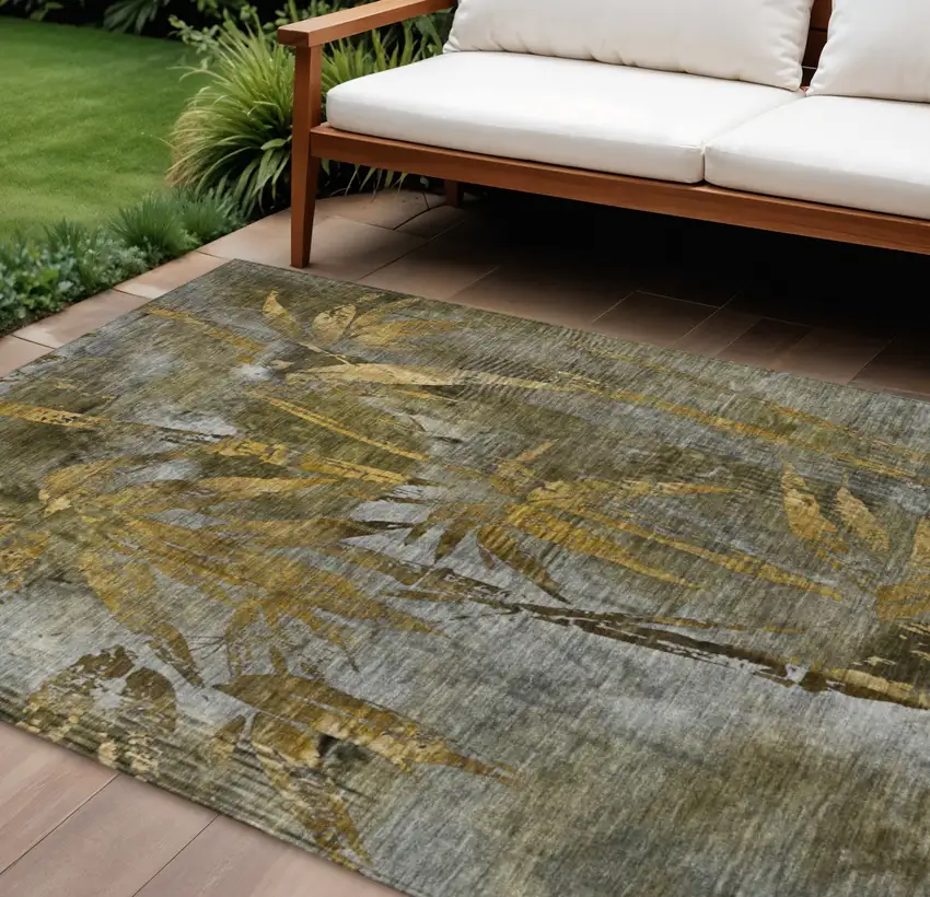 Pewter And Gold Botanical Leaves Washable Indoor Outdoor Area Rug Photo 1
