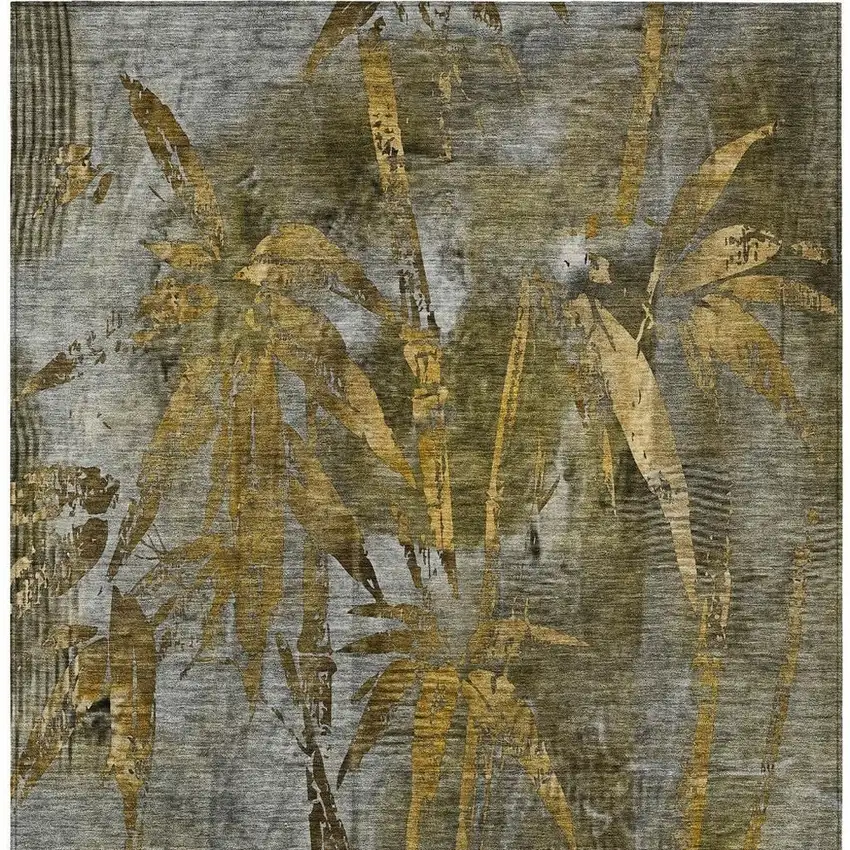 Pewter And Gold Botanical Leaves Washable Indoor Outdoor Area Rug Photo 6
