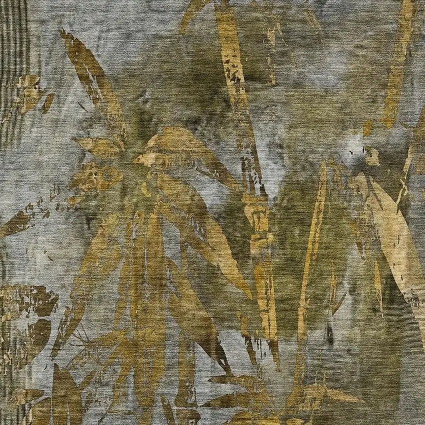 Pewter And Gold Botanical Leaves Washable Indoor Outdoor Area Rug Photo 5