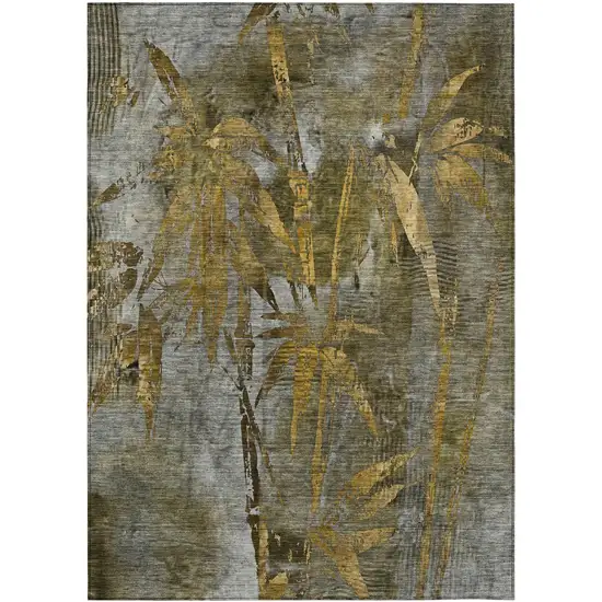 Pewter And Gold Botanical Leaves Washable Indoor Outdoor Area Rug Photo 2