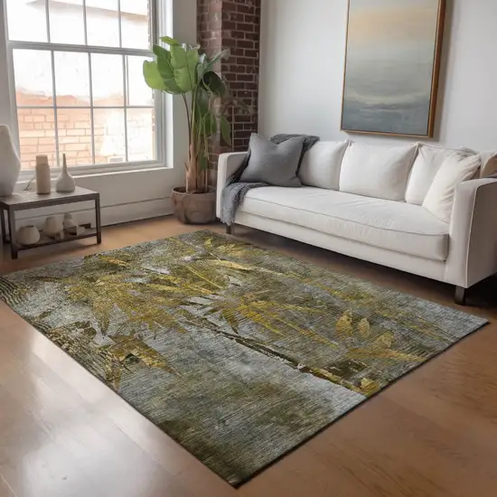 Pewter And Gold Botanical Leaves Washable Indoor Outdoor Area Rug Photo 9