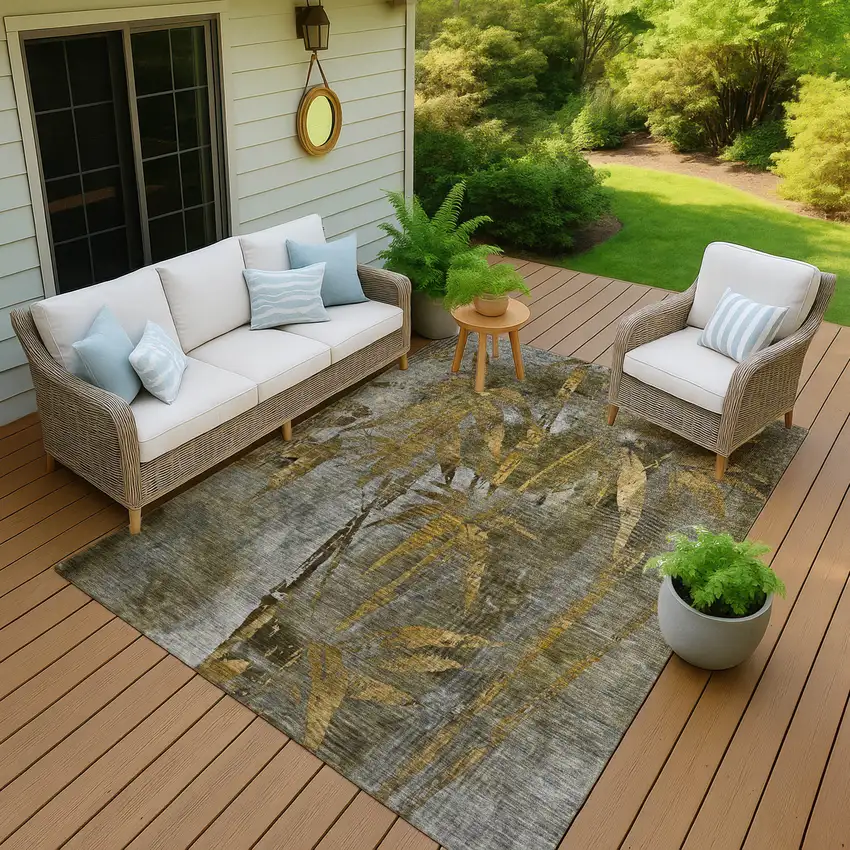 Pewter And Gold Botanical Leaves Washable Indoor Outdoor Area Rug Photo 8