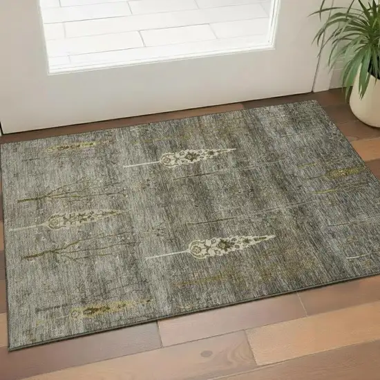 Pewter And Gold Floral Washable Area Rug With UV Protection Photo 2