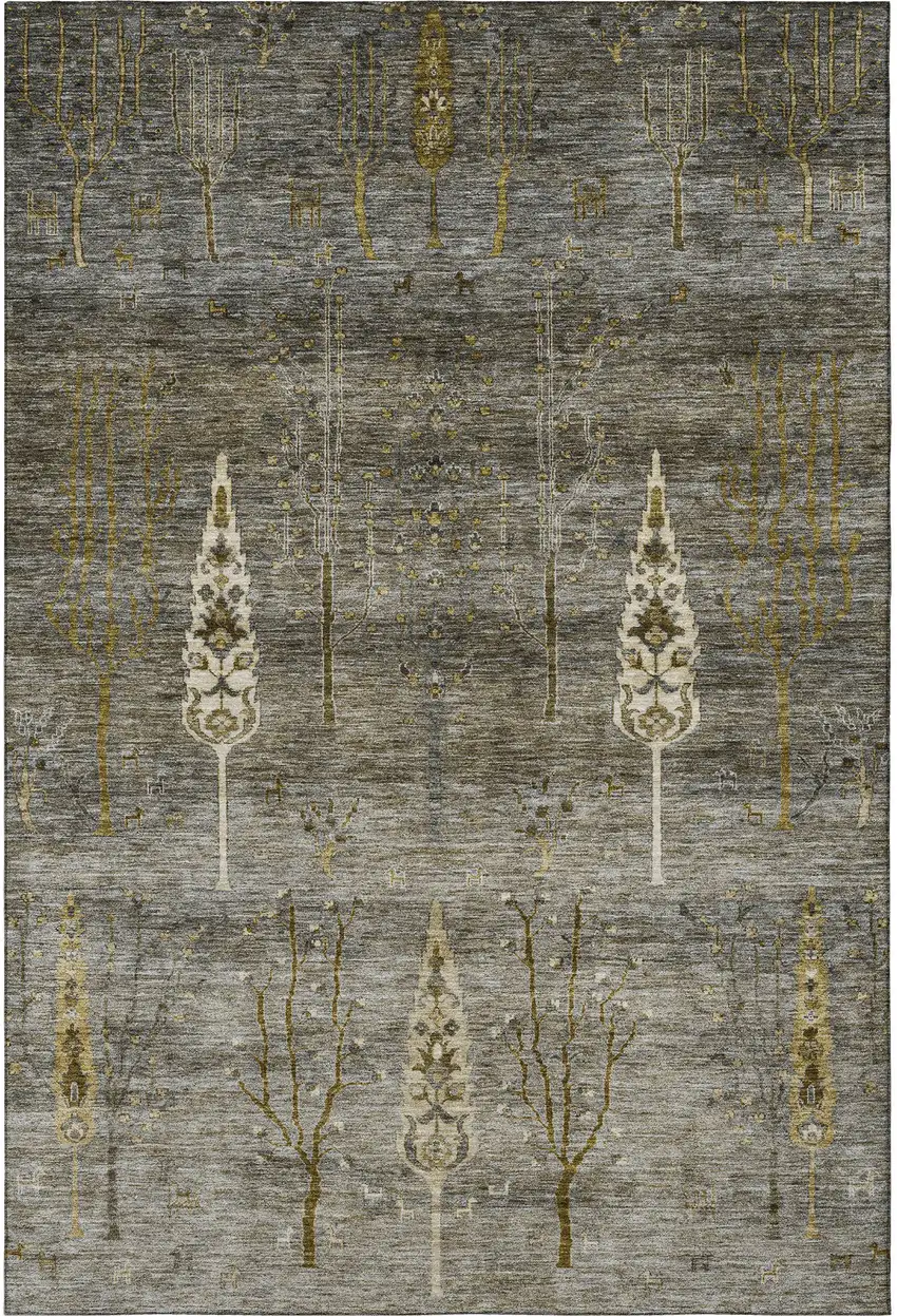 Pewter And Gold Floral Washable Area Rug With UV Protection Photo 4