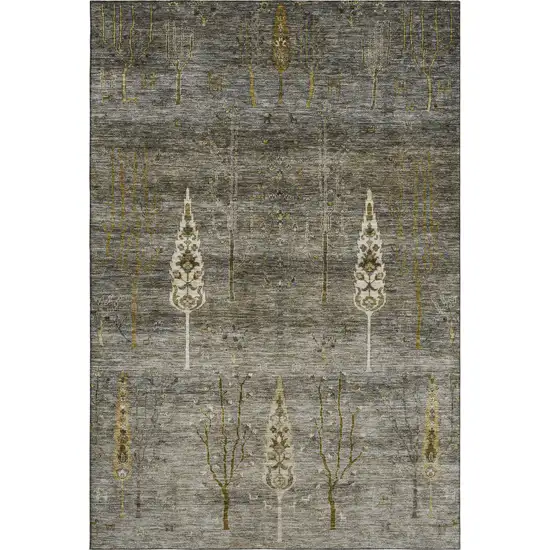 Pewter And Gold Floral Washable Area Rug With UV Protection Photo 1