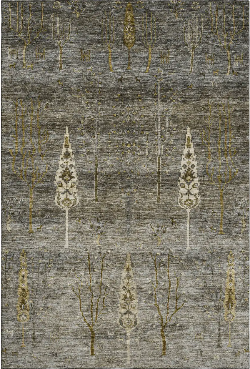 Pewter And Gold Floral Washable Area Rug With UV Protection Photo 1