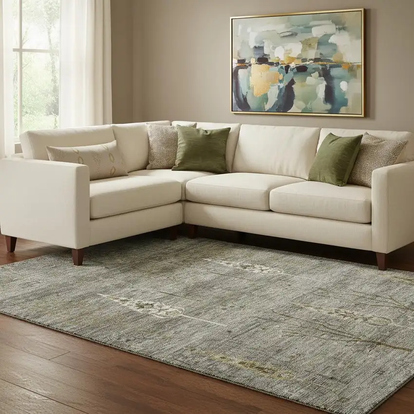 Pewter And Gold Floral Washable Area Rug With UV Protection Photo 2