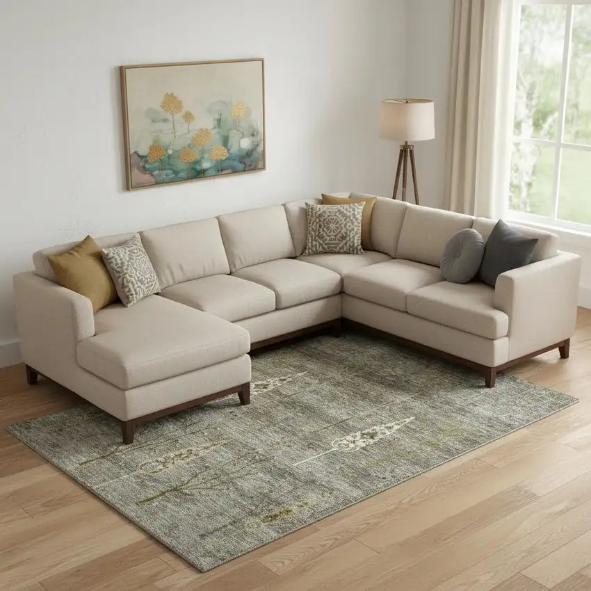 Pewter And Gold Floral Washable Area Rug With UV Protection Photo 2