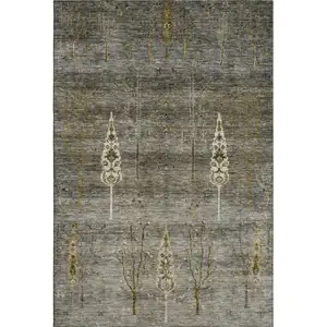 Photo of Pewter And Gold Floral Washable Area Rug With UV Protection