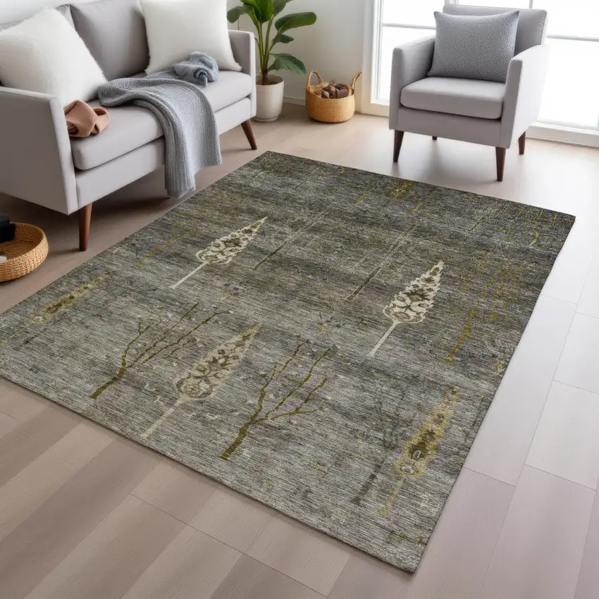 Pewter And Gold Floral Washable Indoor Outdoor Area Rug Photo 6