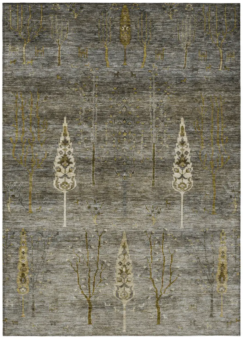 Pewter And Gold Floral Washable Indoor Outdoor Area Rug Photo 1