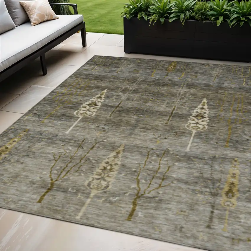 Pewter And Gold Floral Washable Indoor Outdoor Area Rug Photo 2