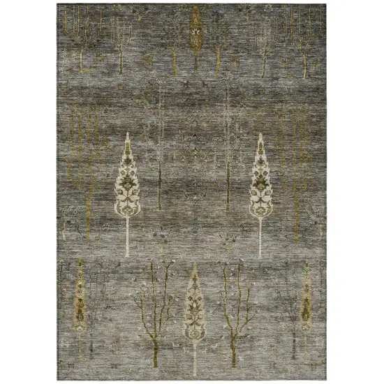 Pewter And Gold Floral Washable Indoor Outdoor Area Rug Photo 1