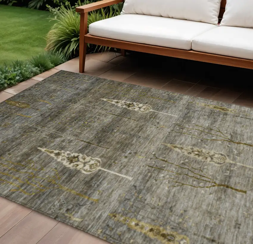 Pewter And Gold Floral Washable Indoor Outdoor Area Rug Photo 2
