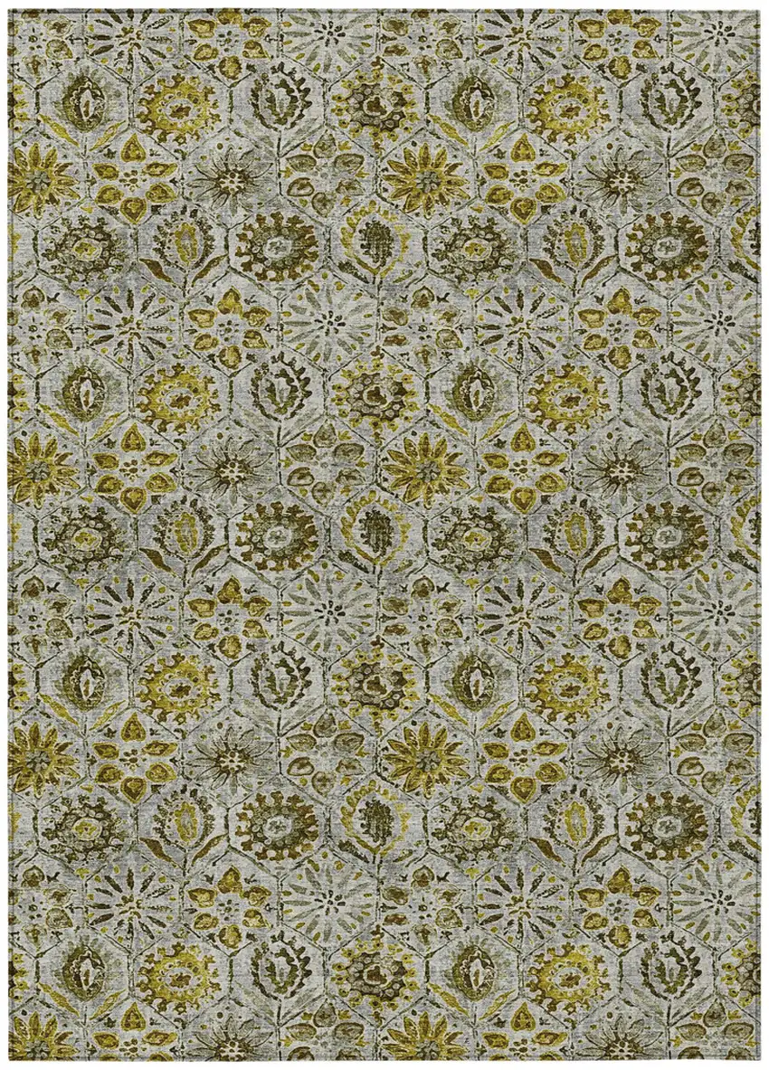 Pewter And Gold Floral Washable Indoor Outdoor Area Rug Photo 1