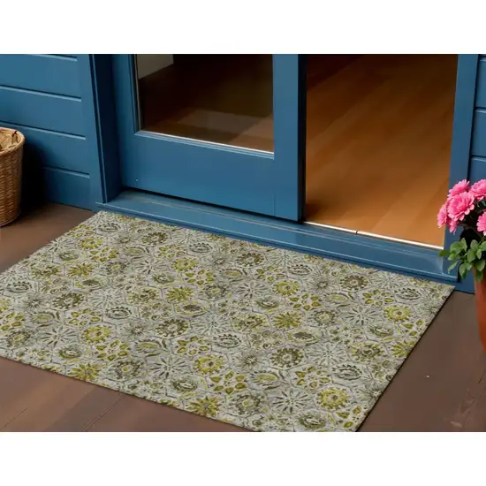 Pewter And Gold Floral Washable Indoor Outdoor Area Rug Photo 2