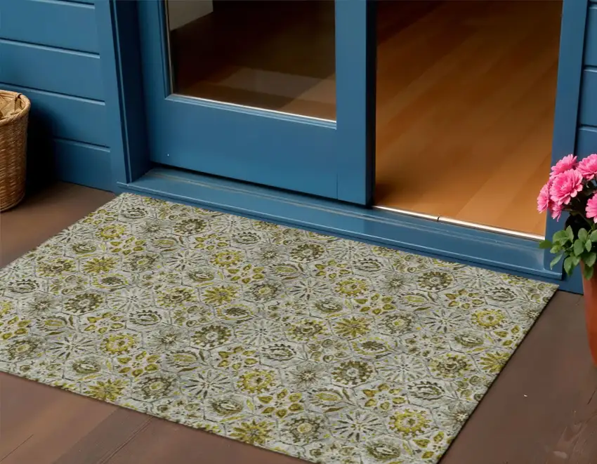 Pewter And Gold Floral Washable Indoor Outdoor Area Rug Photo 2