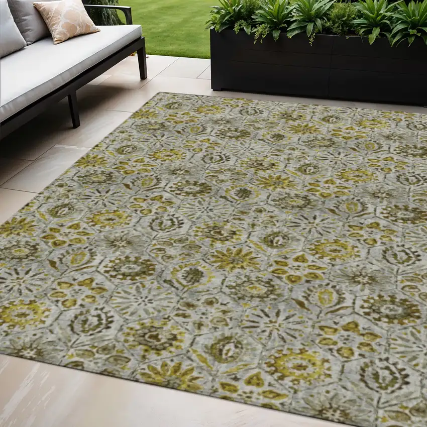 Pewter And Gold Floral Washable Indoor Outdoor Area Rug Photo 2