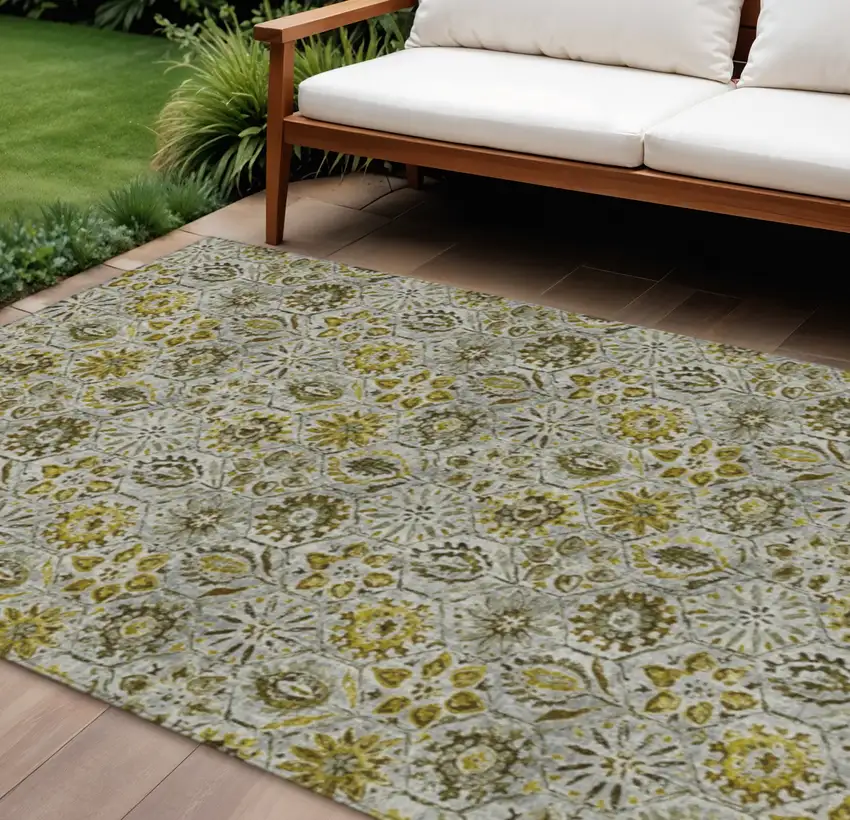 Pewter And Gold Floral Washable Indoor Outdoor Area Rug Photo 2