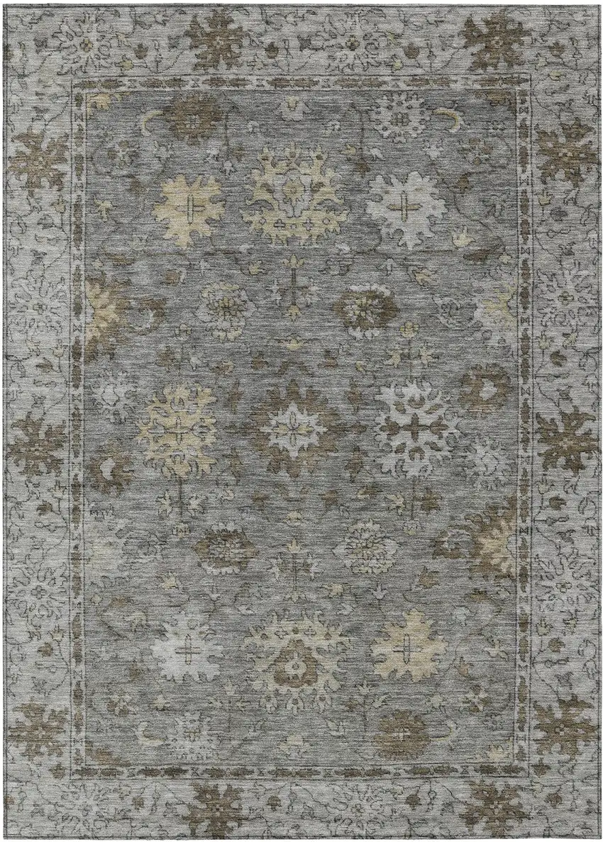 Pewter And Gold Floral Washable Indoor Outdoor Area Rug Photo 1