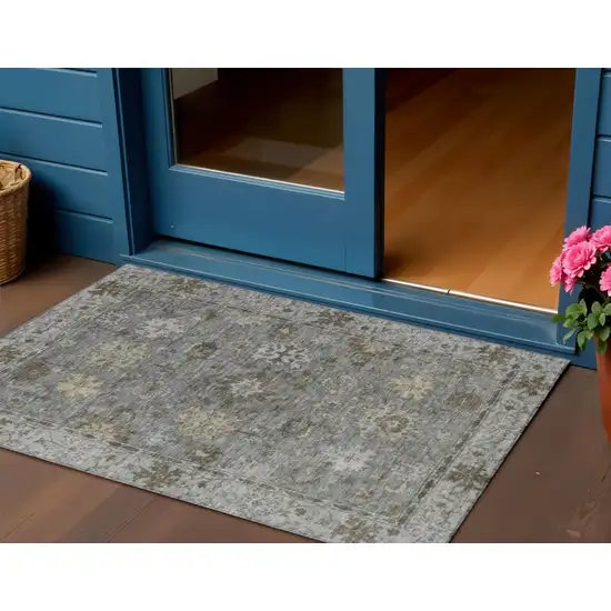Pewter And Gold Floral Washable Indoor Outdoor Area Rug Photo 2