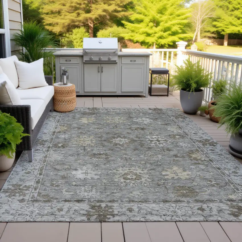 Pewter And Gold Floral Washable Indoor Outdoor Area Rug Photo 5