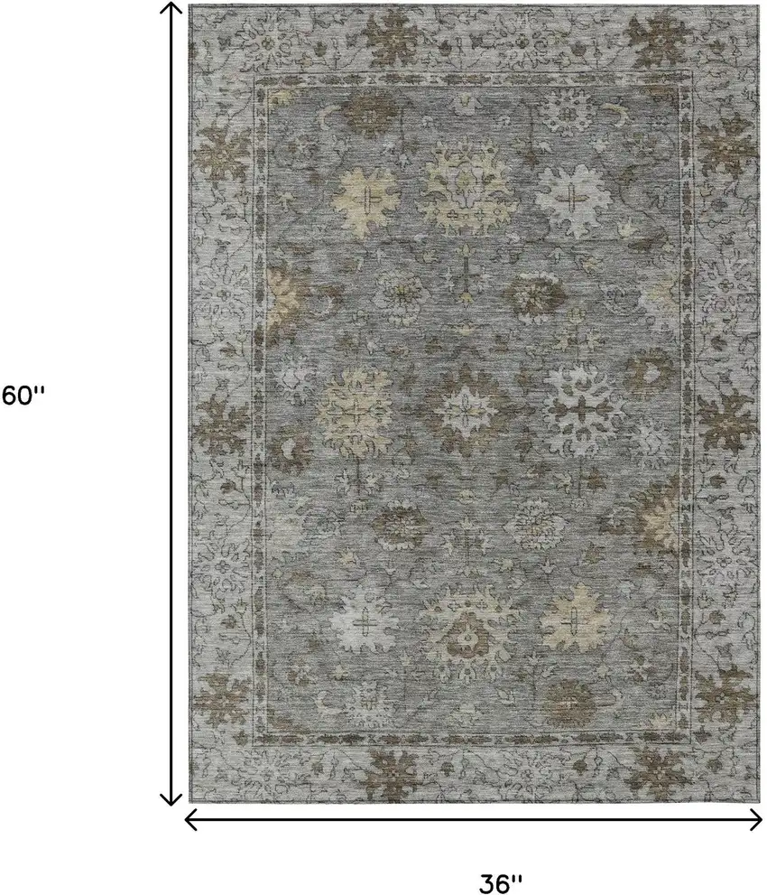 Pewter And Gold Floral Washable Indoor Outdoor Area Rug Photo 9
