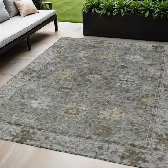 Pewter And Gold Floral Washable Indoor Outdoor Area Rug Photo 2
