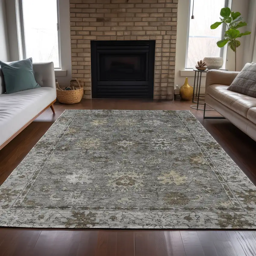 Pewter And Gold Floral Washable Indoor Outdoor Area Rug Photo 7
