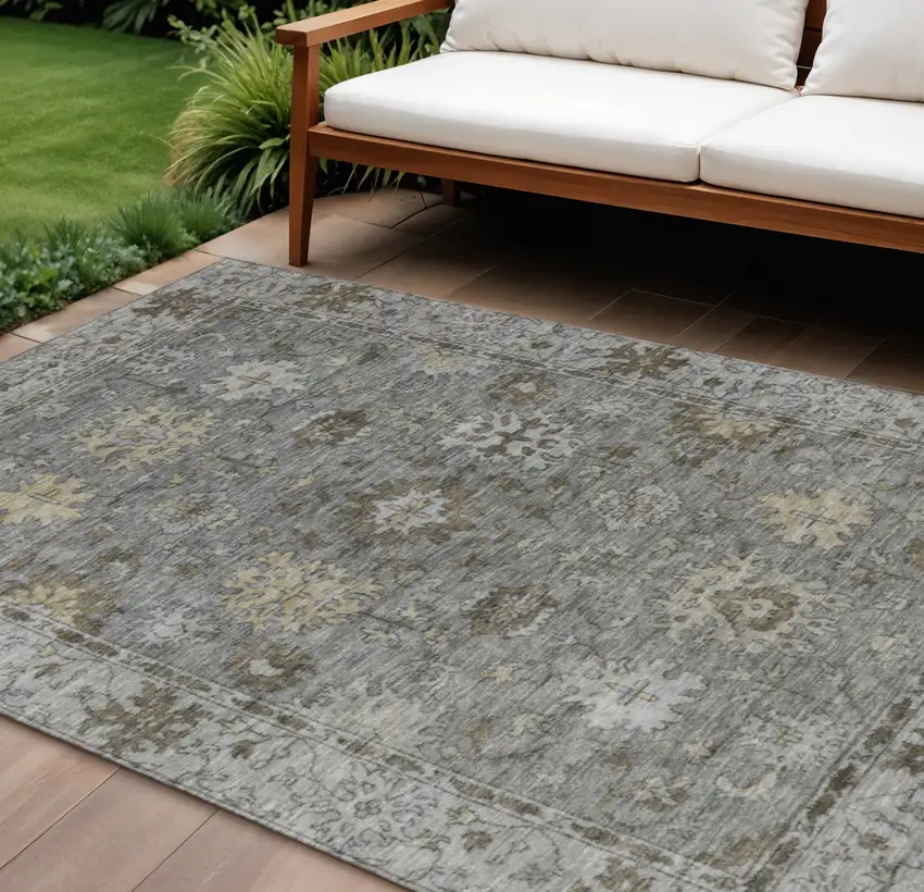 Pewter And Gold Floral Washable Indoor Outdoor Area Rug Photo 2